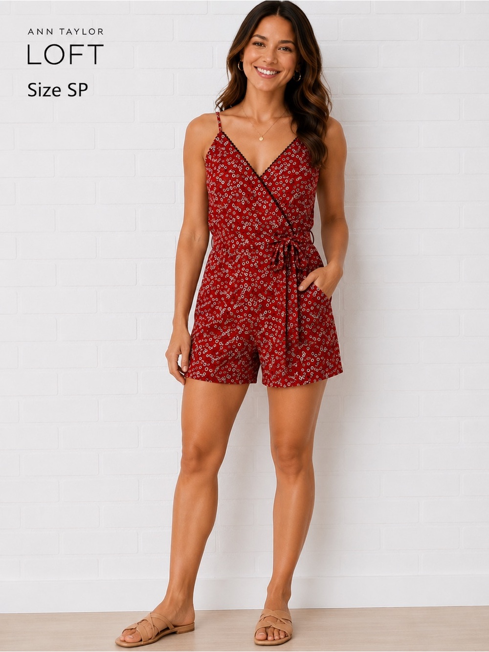 Ann Taylor LOFT Floral boho style Romper Size SP Red Wrap Tie Waist Sleeveless